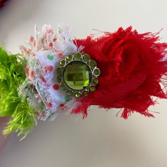 Red Green and White Boutique Christmas Frayed Rossette Headband with Rhinestone - Picture 9 of 9